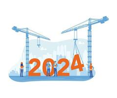 Construction workers stack the numbers 2024 with a crane. Welcome to the new year at the building site. Business in the New Year 2024 concept. Trend Modern vector flat illustration