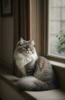 AI generated image of a cute cat seated on a windowsill photo