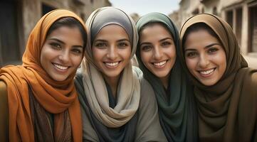 AI generated Beautiful group of Muslims women smiling and laughing wearing a hijab and decorated shawl photo