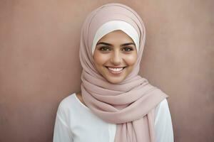 ai generado hermosa musulmán mujer sonriente y riendo vistiendo un hijab y decorado chal foto