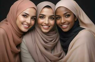 AI generated Beautiful group of Muslims women smiling and laughing wearing a hijab and decorated shawl photo