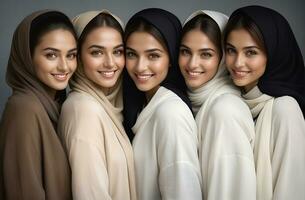 AI generated Beautiful group of Muslims women smiling and laughing wearing a hijab and decorated shawl photo