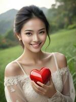 AI generated celebration for Valentine's Day with beautiful young woman holds a red heart in her hands photo