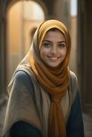 AI generated Beautiful Muslim woman smiling and laughing wearing a hijab and decorated shawl photo