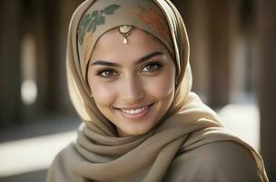 AI generated Beautiful Muslim woman smiling and laughing wearing a hijab and decorated shawl photo