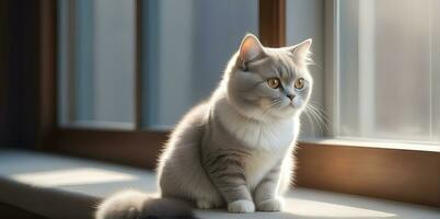 AI generated image of a cute cat seated on a windowsill photo