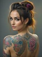 ai generado retrato de un mujer con un cuerpo lleno de artístico tatuajes foto