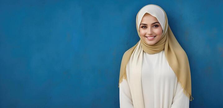 ai generado hermosa musulmán mujer sonriente y riendo vistiendo un hijab y decorado chal foto