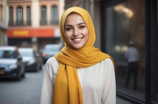 ai generado hermosa musulmán mujer sonriente y riendo vistiendo un hijab y decorado chal foto