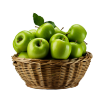 AI generated Fresh green apples in wicker basket isolated on transparent background png