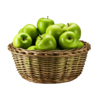 AI generated Fresh green apples in wicker basket isolated on transparent background png