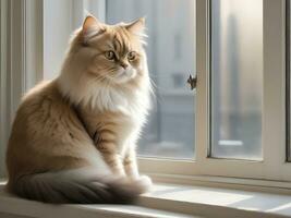 AI generated image of a cute cat seated on a windowsill photo
