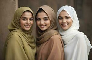 ai generado hermosa grupo de musulmanes mujer sonriente y riendo vistiendo un hijab y decorado chal foto