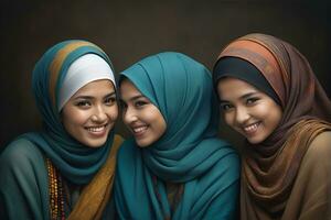 AI generated Beautiful group of Muslims women smiling and laughing wearing a hijab and decorated shawl photo