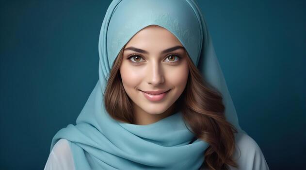 ai generado hermosa musulmán mujer sonriente y riendo vistiendo un hijab y decorado chal foto