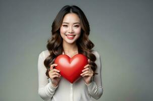 ai generado celebracion para San Valentín día con hermosa joven mujer sostiene un rojo corazón en su manos. foto