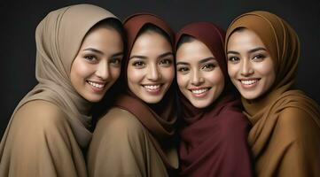 AI generated Beautiful group of Muslims women smiling and laughing wearing a hijab and decorated shawl photo