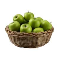 AI generated Fresh green apples in wicker basket isolated on transparent background png