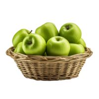 AI generated Fresh green apples in wicker basket isolated on transparent background png