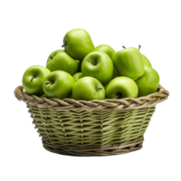 AI generated Fresh green apples in wicker basket isolated on transparent background png