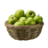 AI generated Fresh green apples in wicker basket isolated on transparent background png