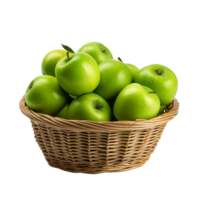 AI generated Fresh green apples in wicker basket isolated on transparent background png