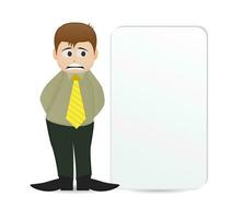 cartoon manager with expression standing beside blank banner vector