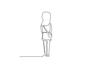 daily neck bag woman standing waiting back view line art vector