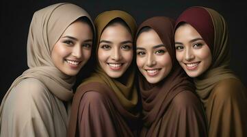 AI generated Beautiful group of Muslims women smiling and laughing wearing a hijab and decorated shawl photo