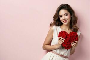 AI generated celebration for Valentine's Day with beautiful young woman holds a red heart in her hands. photo