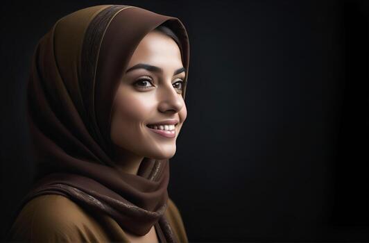 ai generado hermosa musulmán mujer sonriente y riendo vistiendo un hijab y decorado chal foto