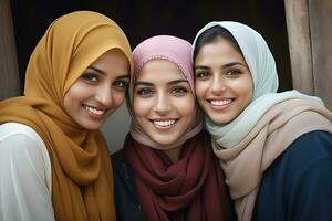 AI generated Beautiful group of Muslims women smiling and laughing wearing a hijab and decorated shawl photo