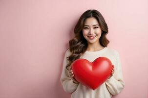 AI generated celebration for Valentine's Day with beautiful young woman holds a red heart in her hands. photo