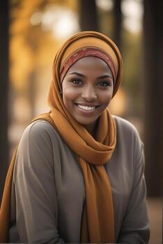ai generado hermosa musulmán mujer sonriente y riendo vistiendo un hijab y decorado chal foto