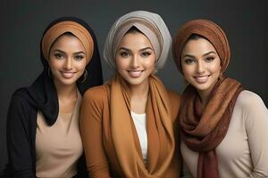 AI generated Beautiful group of Muslims women smiling and laughing wearing a hijab and decorated shawl photo