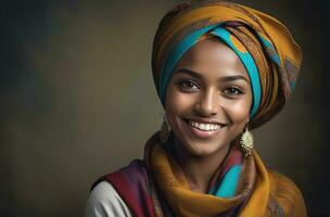 AI generated Beautiful Muslim woman smiling and laughing wearing a hijab and decorated shawl photo