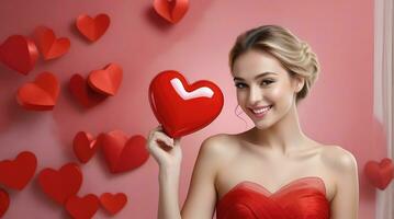 AI generated celebration for Valentine's Day with beautiful young woman holds a red heart in her hands photo