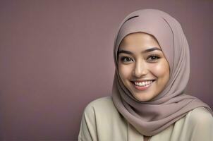 AI generated Beautiful Muslim woman smiling and laughing wearing a hijab and decorated shawl photo