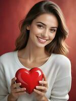 AI generated celebration for Valentine's Day with beautiful young woman holds a red heart in her hands photo