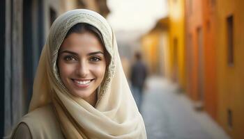 AI generated Beautiful Muslim woman smiling and laughing wearing a hijab and decorated shawl photo