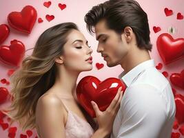ai generado celebracion para San Valentín día con hermosa joven mujer sostiene un rojo corazón en su manos foto