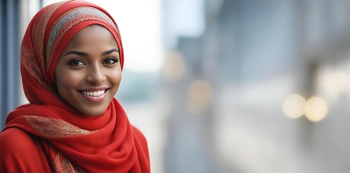 ai generado hermosa musulmán mujer sonriente y riendo vistiendo un hijab y decorado chal foto