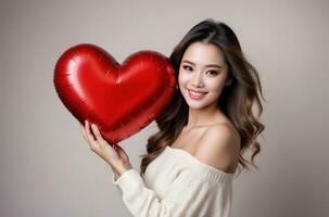 AI generated celebration for Valentine's Day with beautiful young woman holds a red heart in her hands. photo