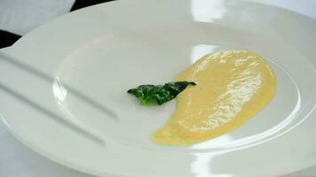 Chef adding spinach leaves on a plate with mustard sauce video