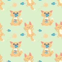 Seamless pattern cat full of fish and sleeping, vector illustration for fabric