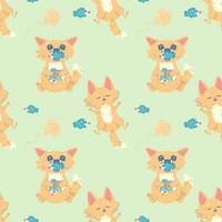 Seamless pattern cat full of fish and sleeping, vector illustration for fabric