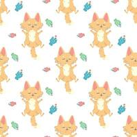 Seamless pattern cat full of fish and sleeping, vector illustration for fabric