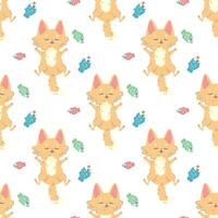 Seamless pattern cat full of fish and sleeping, vector illustration for fabric