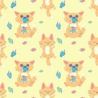 Seamless pattern cat full of fish and sleeping, vector illustration for fabric