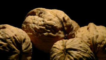 Walnuts nuts in a white bowl in rotation on black background video